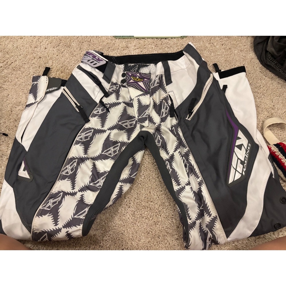 Motocross Dirt Bike Racing Fly Racing Kinetic Pants Grey White Purple Size 7/8